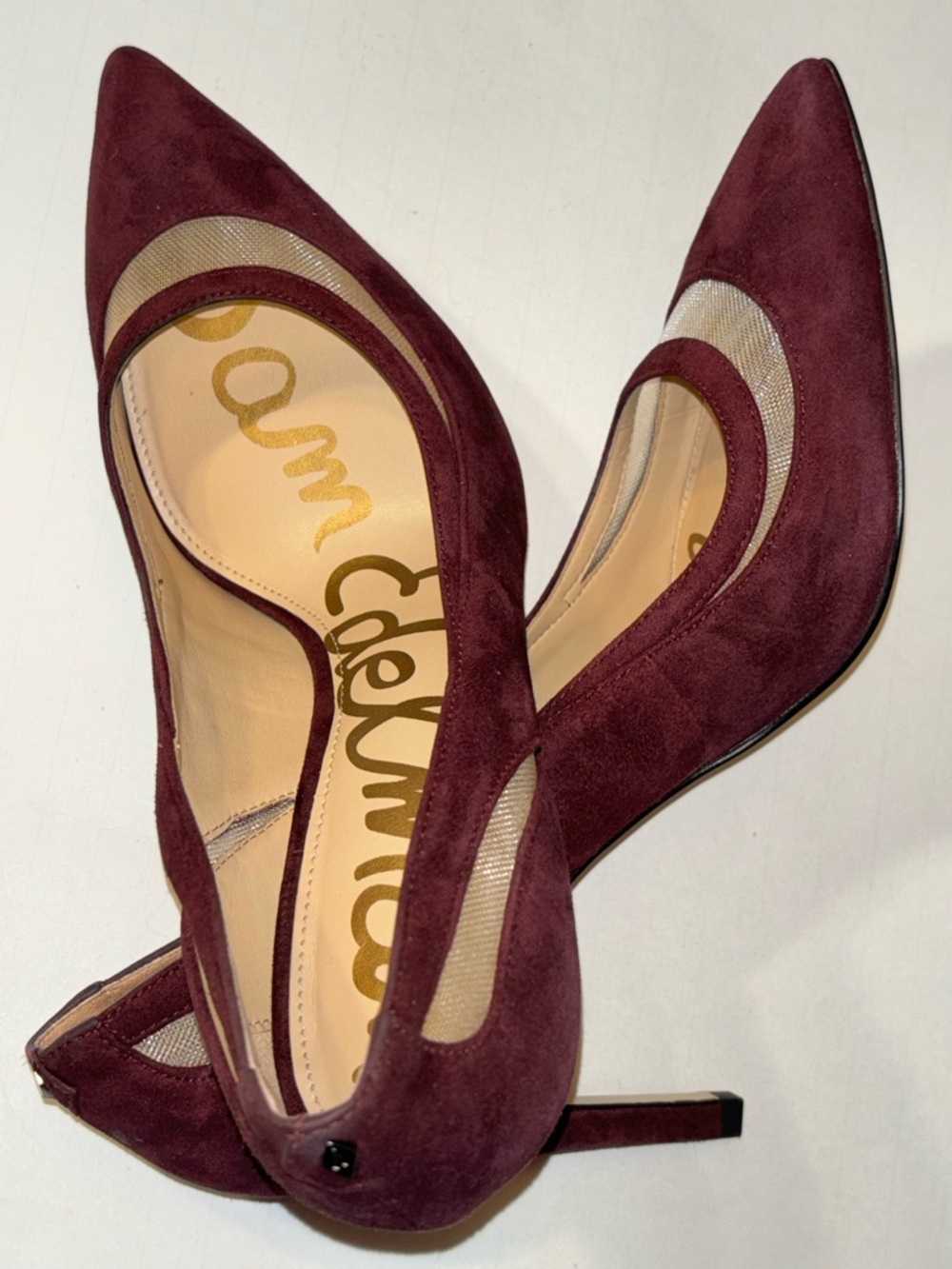 Sam Edelman Burgundy Suede Pointed-Toe Mesh-Inset Pumps - Picture 15 of 15
